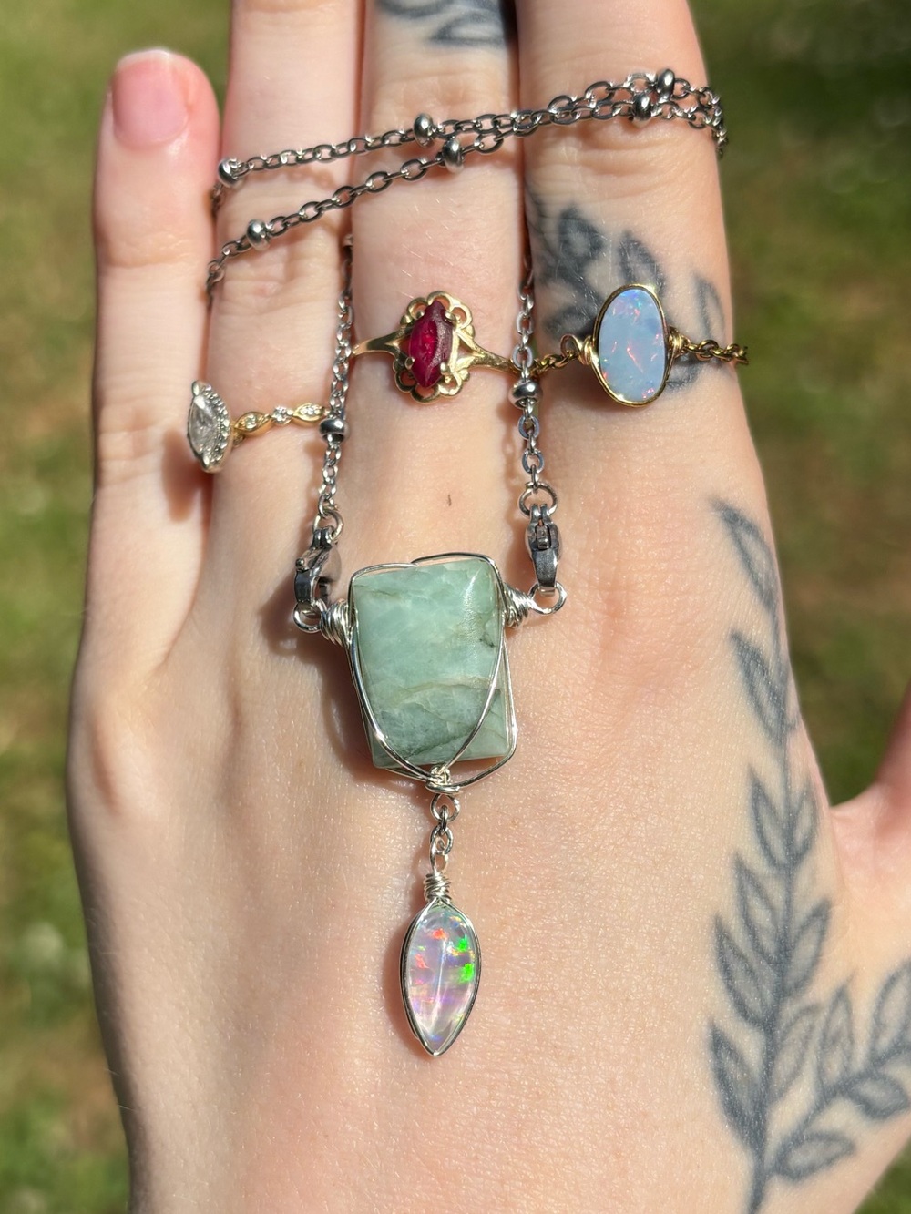 Emerald and aura opal double dangle necklace